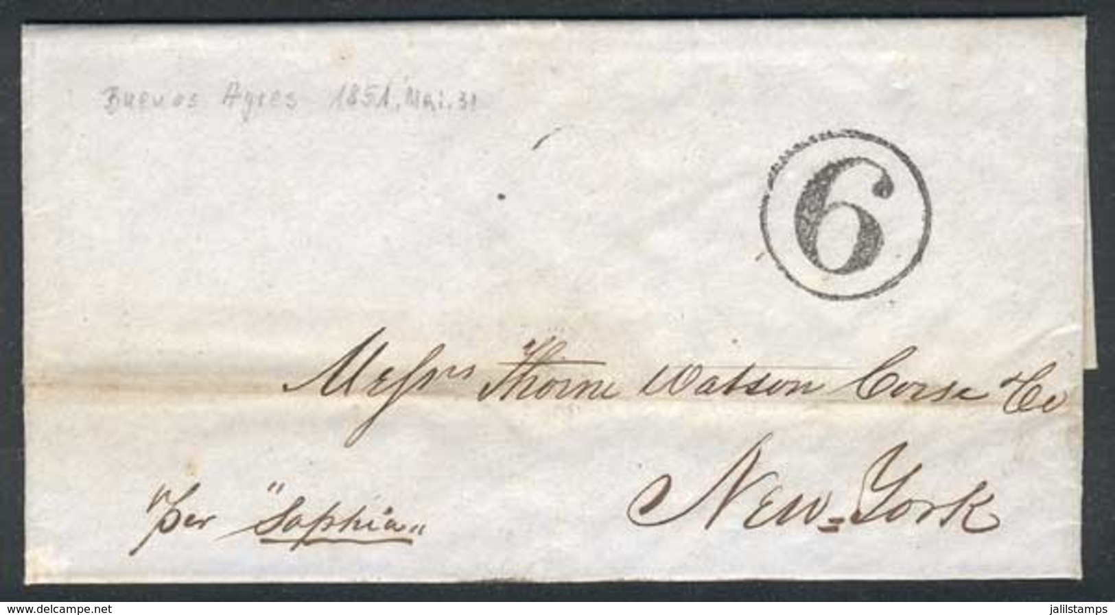 ARGENTINA: "Complete Folded Letter Sent From Buenos Aires To New York On 31/MAY/1851, Carried By Steamship ""Sophia"", O - Vorphilatelie