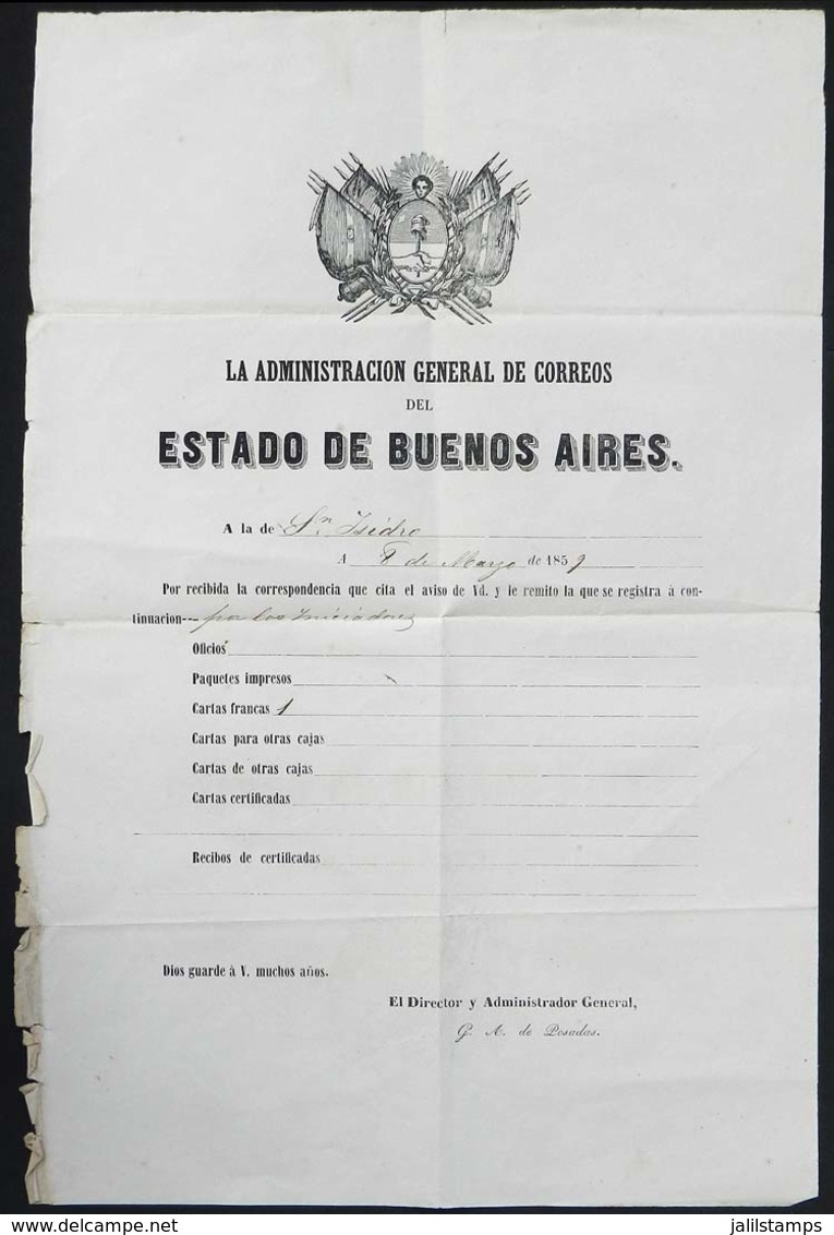 ARGENTINA: "Guide Of Correspondence Sent From The General Post Office Administration Of The STATE OF BUENOS AIRES To Tha - Voorfilatelie
