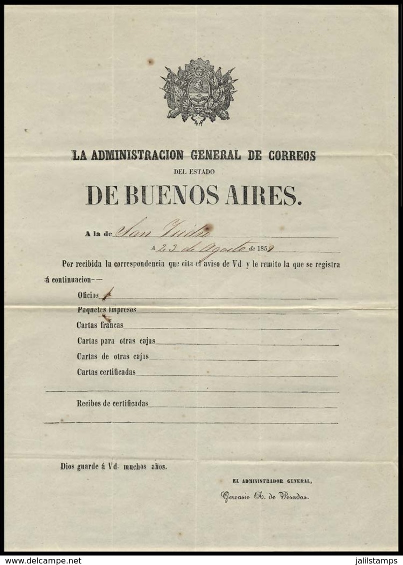 ARGENTINA: Guide Of Correspondence Sent From The General Post Office Administration Of The STATE OF BUENOS AIRES To That - Prephilately