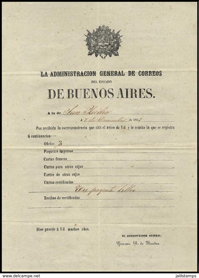 ARGENTINA: "Guide Of Correspondence Sent From The General Post Office Administration Of The STATE OF BUENOS AIRES To Tha - Prephilately