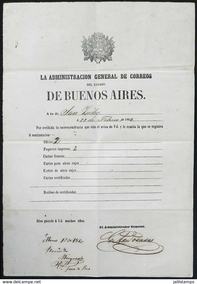 ARGENTINA: Guide Of Correspondence Sent From The General Post Office Administration Of The STATE OF BUENOS AIRES To That - Voorfilatelie