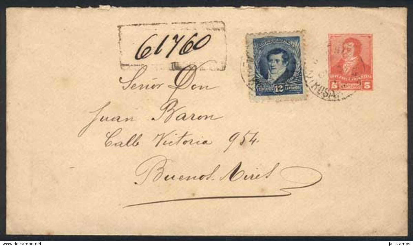 ARGENTINA: 5c. Stationery Cover + GJ.144, Sent By Registered Mail From Rosario To Buenos Aires In OC/1895, VF Quality! - Prephilately