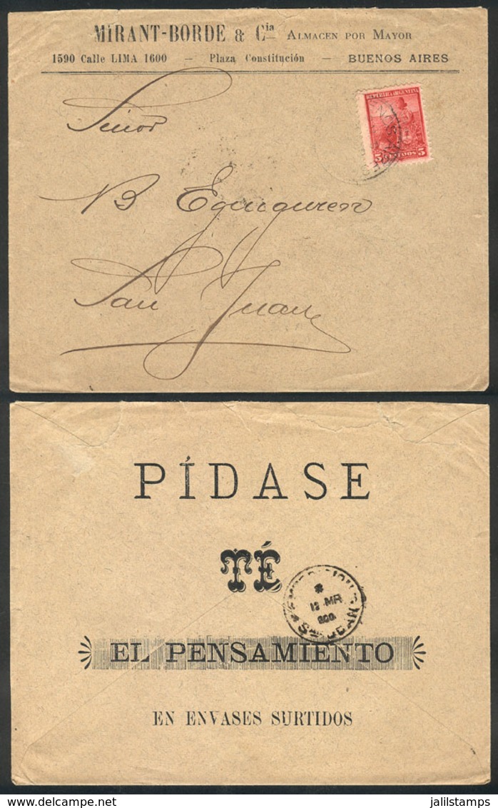 ARGENTINA: "Advertising Cover (tea ""El Pensamiento"") Franked With 5c. Liberty And Sent To San Juan On 10/MAR/1900, VF  - Préphilatélie