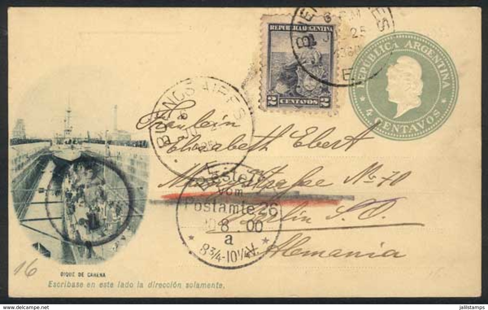 ARGENTINA: "4c. Postal Card Illustrated With View Of ""Carena Dock"" + GJ.219 (total 6c.), Sent From Buenos Aires To Ger - Prephilately