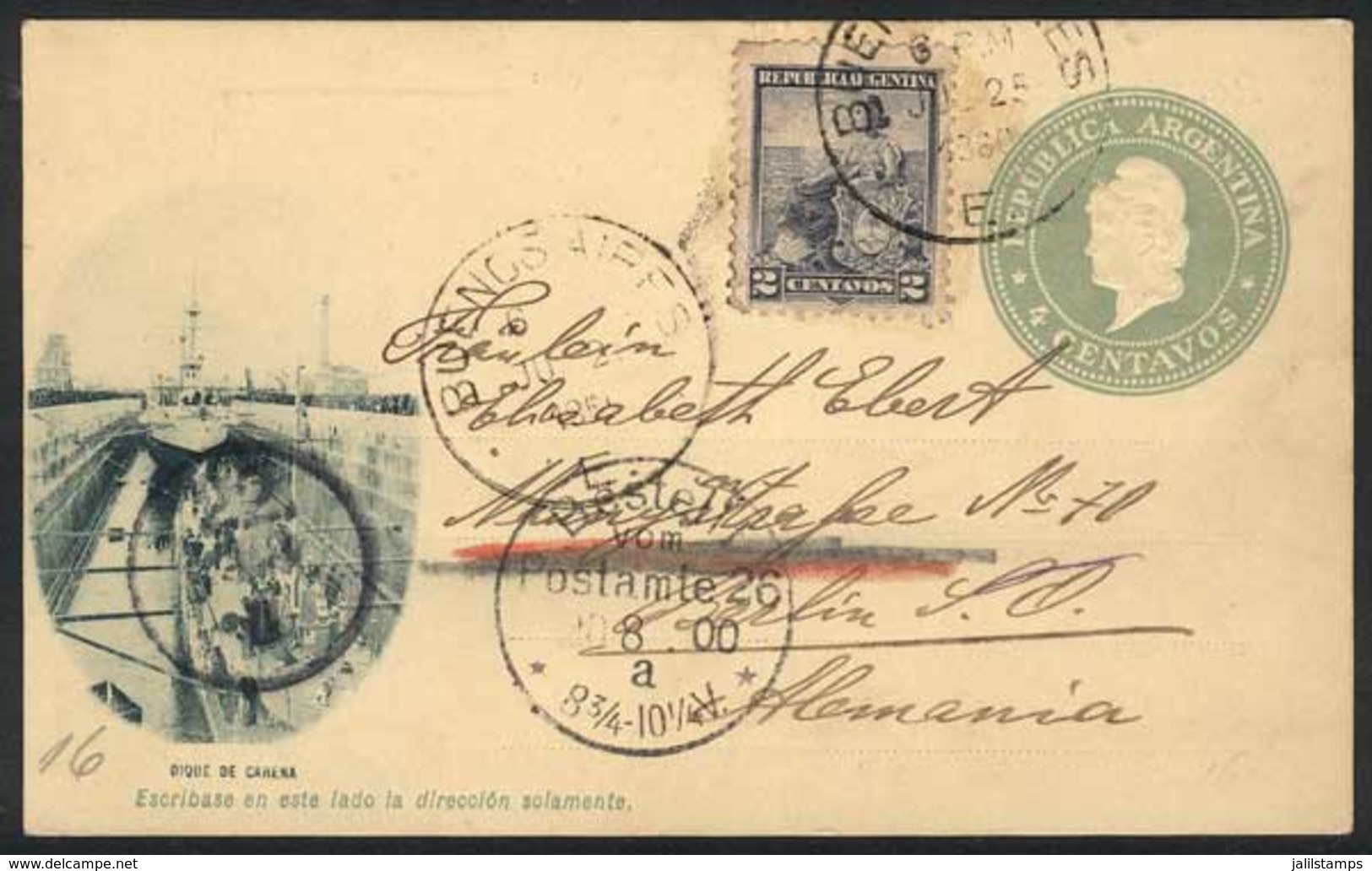 ARGENTINA: "4c. Postal Card Illustrated With View Of ""Carena Dock"" + GJ.219 (total 6c.), Sent From Buenos Aires To Ger - Voorfilatelie