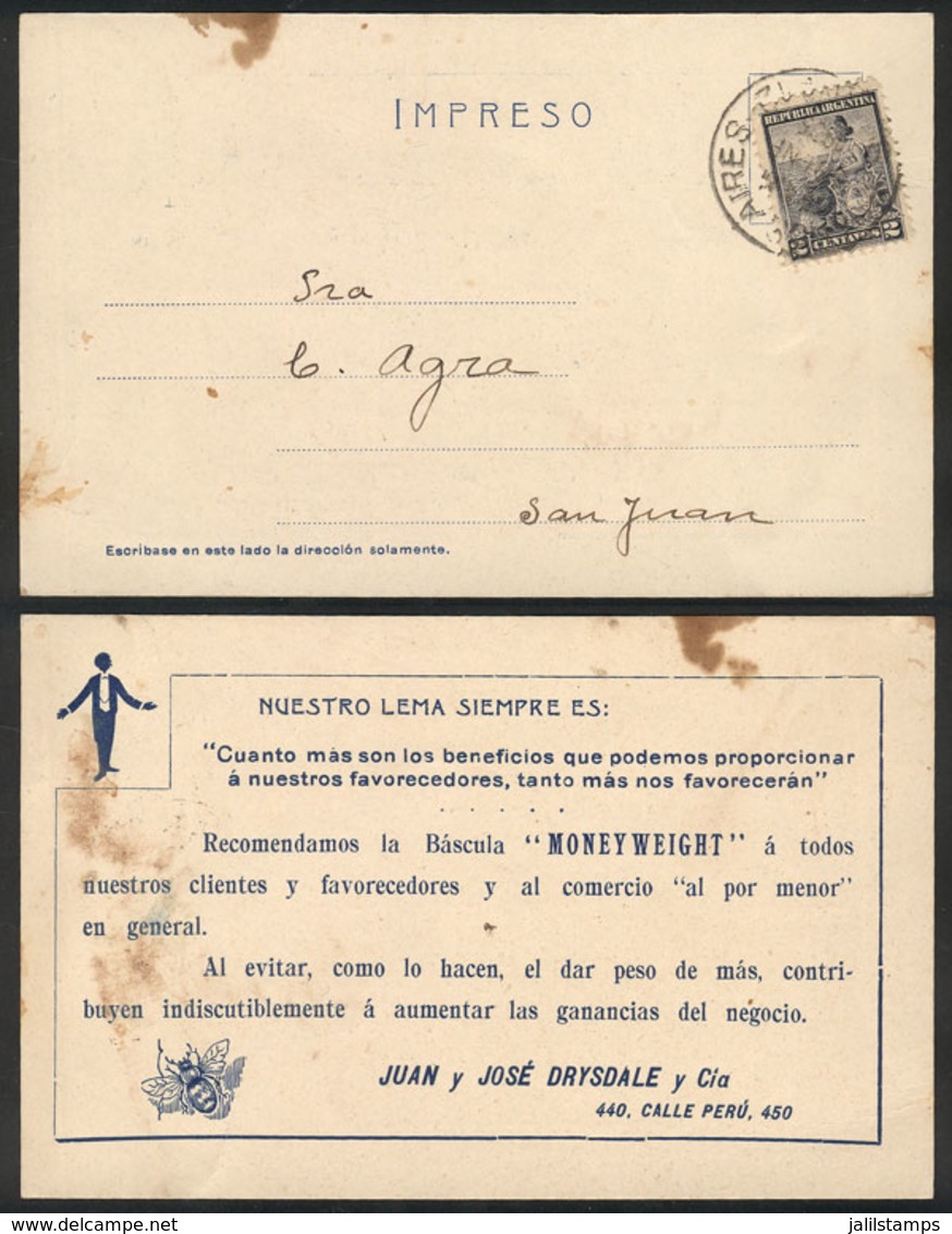 ARGENTINA: "Postcard With Advertising For ""Moneyweight Balances"", Franked With 2c. Liberty And Sent To San Juan On 6/J - Voorfilatelie