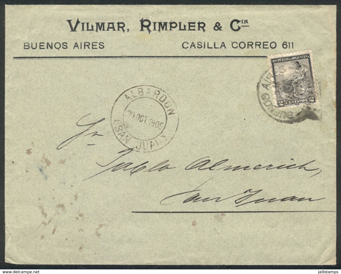 ARGENTINA: Cover Franked With 2c. Liberty, Sent From Buenos Aires To San Juan On 30/OC/1905 And Forwarded To ALBARDÓN, V - Prefilatelia