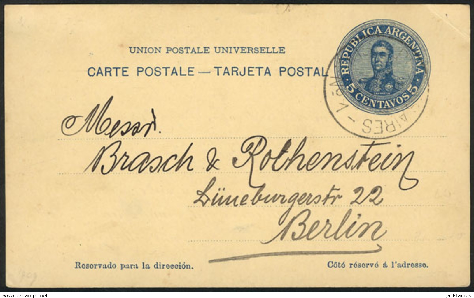 ARGENTINA: "5c. Postal Card Sent To Germany On 20/FE/1911, On Back It Bears An Interesting Printed Text Of ""Compañía Na - Préphilatélie