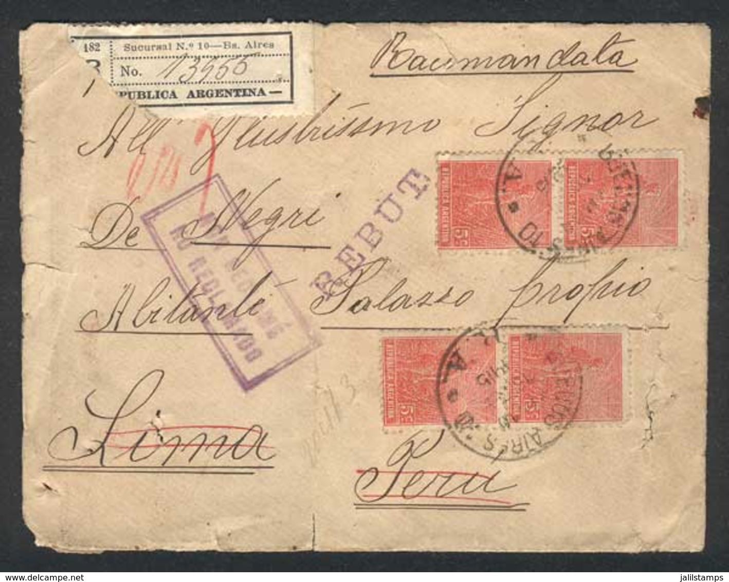 ARGENTINA: Cover Franked By Plowman 5c. X4 (total 20c.), Sent From Buenos Aires To PERU On 16/SE/1915 By Registered Mail - Vorphilatelie