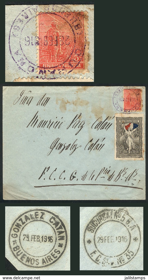 ARGENTINA: "Cover Sent From DURAÑONA To Gonzalez Catán On 28/FE/1916, Franked With 5c. Plowman + Cinderella Of The Frenc - Voorfilatelie