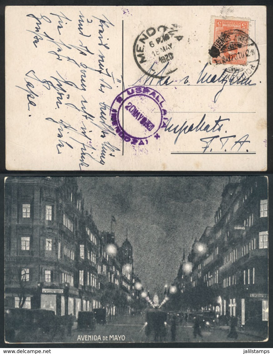 ARGENTINA: Postcard (Buenos Aires, Nigh View Of Mayo Avenue) Franked With 5c. And Sent To Uspallata On 15/MAY/1920, Nice - Prephilately