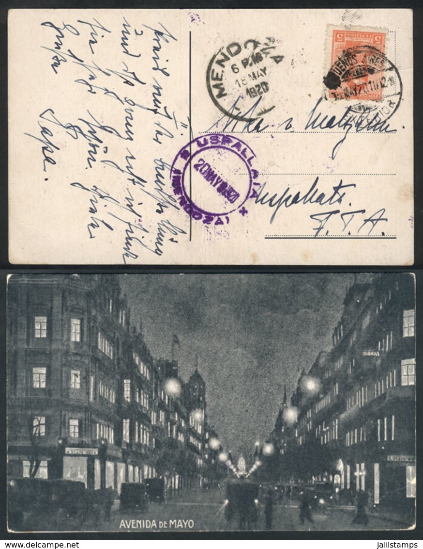 ARGENTINA: Postcard (Buenos Aires, Nigh View Of Mayo Avenue) Franked With 5c. And Sent To Uspallata On 15/MAY/1920, Nice - Préphilatélie