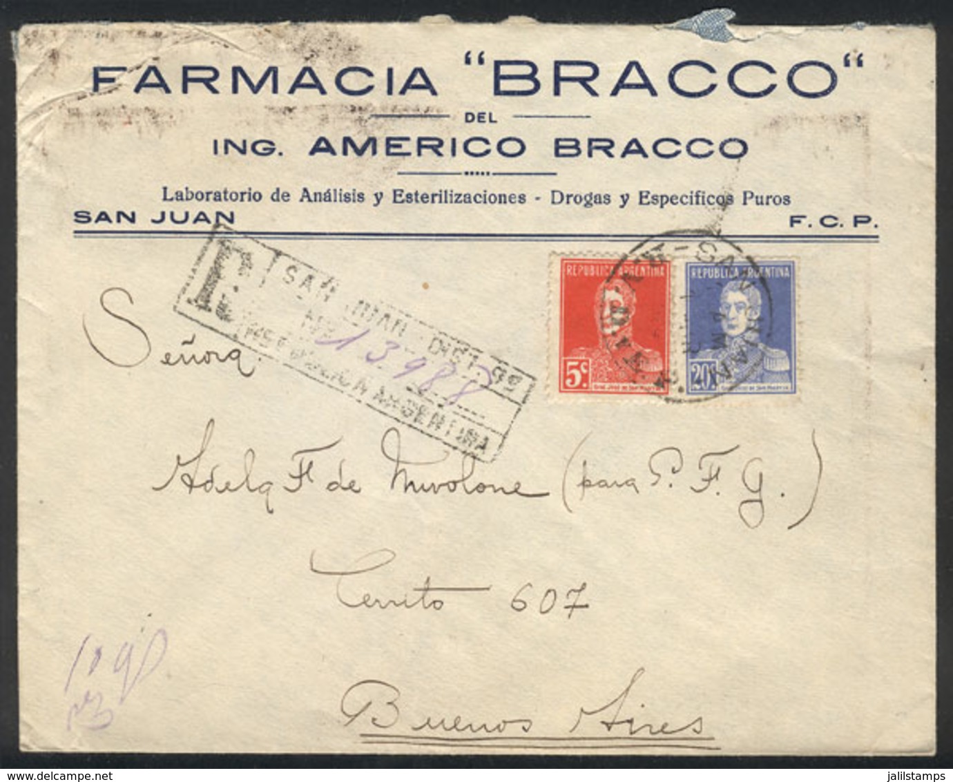 ARGENTINA: Registered Cover Sent From San Juan To Buenos Aires On 1/MAR/1924, Franked With 25c. (5c. + 20c. San Martín W - Prephilately