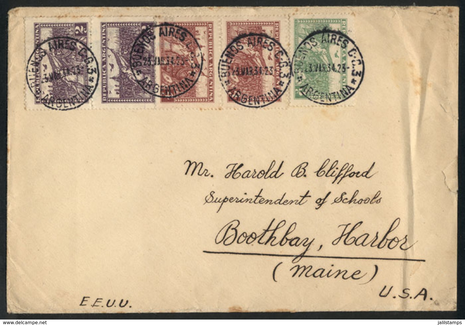 ARGENTINA: Cover Sent To USA On 23/MAR/1934, With Nice Postage Of 15c. Formed With Stamps Of The 1930 Revolution Issue! - Prephilately