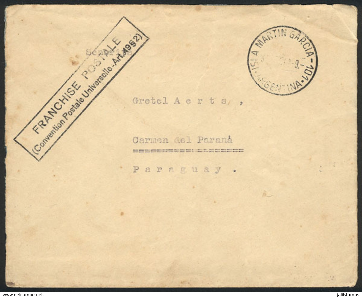 ARGENTINA: "Cover (with Original Letter) Sent From The Internment Camp In The Martín García Island To Paraguay On 10/OC/ - Préphilatélie