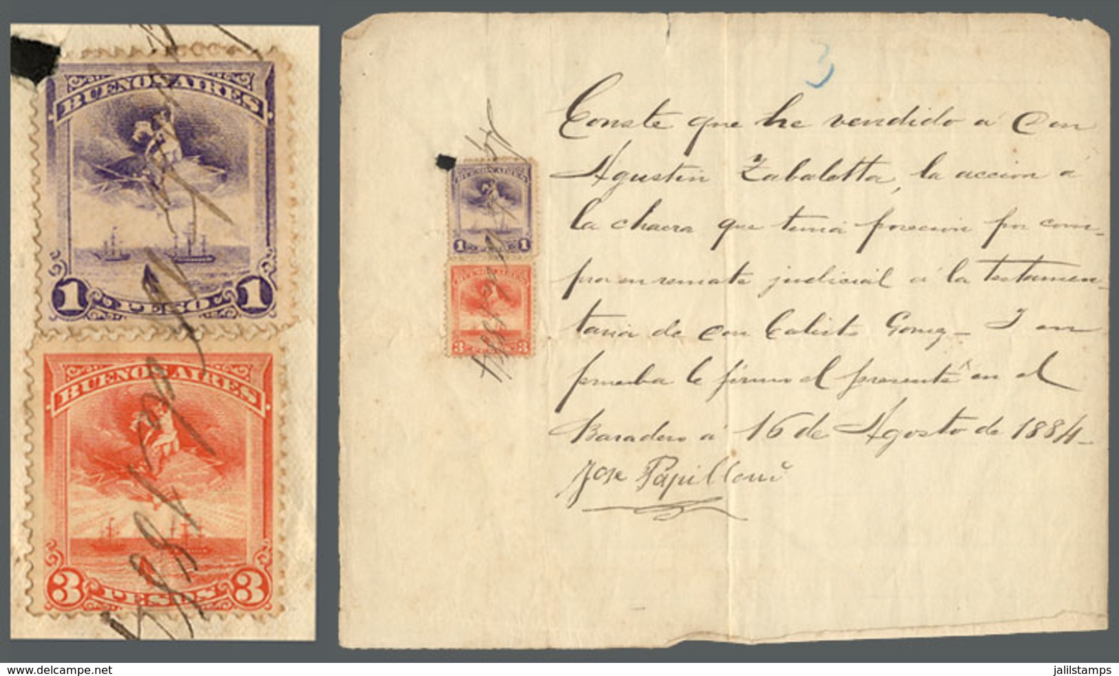 ARGENTINA: Document Of The Year 1884 With Revenue Stamps Of The Province Of Buenos Aires 1P. + 3P., Rare! - Other & Unclassified