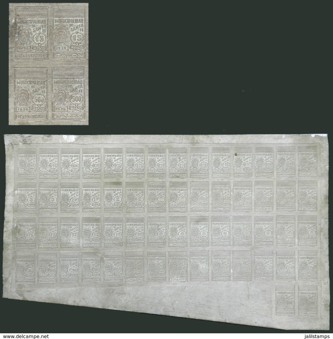 ARGENTINA: Original METAL SHEET To Print The Issue Of Revenue Stamps Of 1936 Of The Municipality Of Santa Fe, With Varlu - Autres & Non Classés