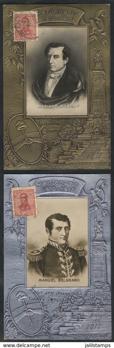 ARGENTINA: Centenary Of 1810: 2 Rare PCs With Views Of Mariano Moreno And Manuel Belgrano With Embossed Details, VF Qual - Argentina