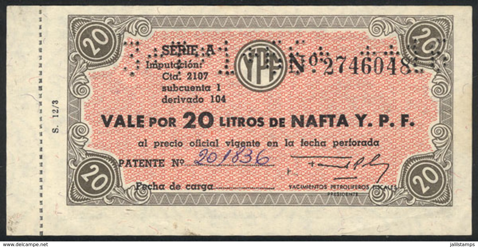 ARGENTINA: "Rare ""Vale Por 20 Litros De Nafta Y.P.F."" (Voucher For 20 Liters Of Y.P.F. Gas ), Circa 1966, VF Quality!" - Manuscripts