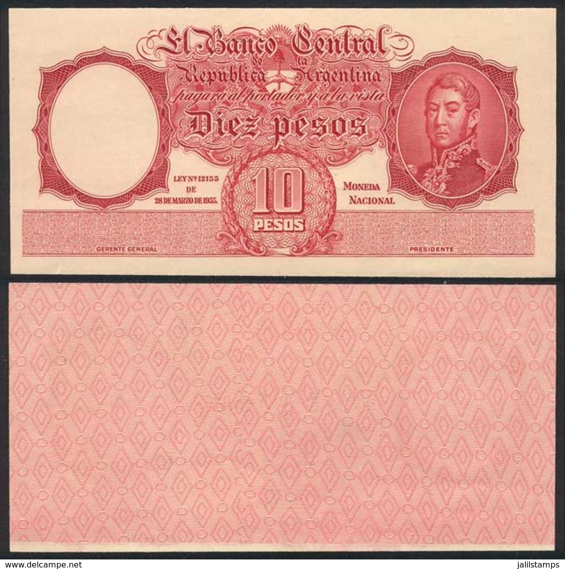 ARGENTINA: Proof Of The Front Side Of A Banknote Of 10P. Moneda Nacional, Excellent Quality, Rare! - Manuscripts