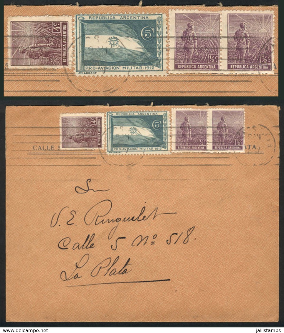 ARGENTINA: Military Aviation, Cinderella Of 5c. Of 1919 + Postage With Plowman Stamps 4c.  + Pair ½c., Sent From Buenos  - Cinderellas