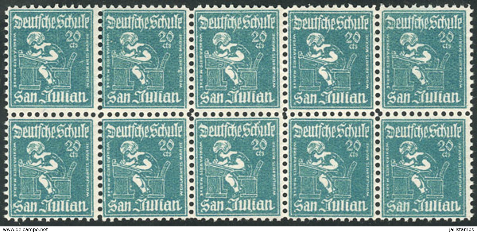 ARGENTINA: Circa 1920: Deutsche Schule Of SAN JULIÁN, Wohlfahrts Marke, Block Of 10 Cinderellas Of 20c., Rare! - Cinderellas
