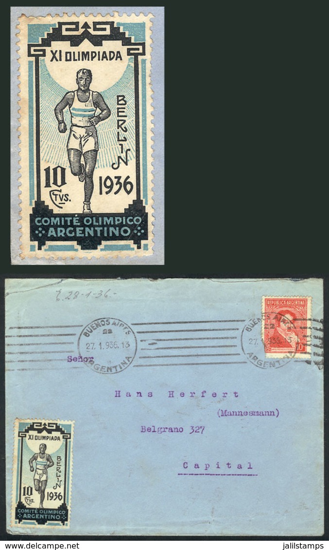 ARGENTINA: XI Olympics, Berlin 1936, Cinderella Of 10c. To Collect Funds For The Argentine Olympic Committee, On A Cover - Cinderellas