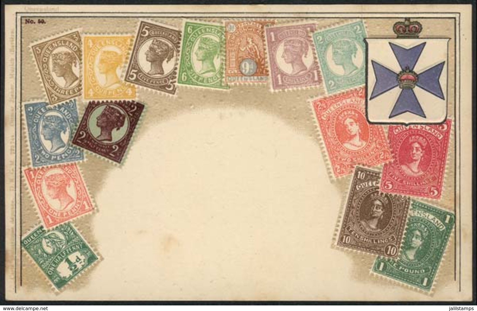 AUSTRALIA - QUEENSLAND: Old PC Illustrated With View Of Postage Stamps And Coat Of Arms, VF Quality! - Other & Unclassified