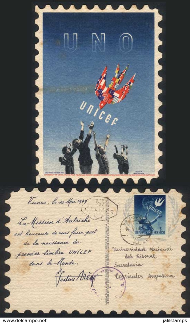 AUSTRIA: Special Postcard Franked With UNICEF Stamp, Sent To Argentina On 14/MAY/1949, Interesting! - Brieven En Documenten