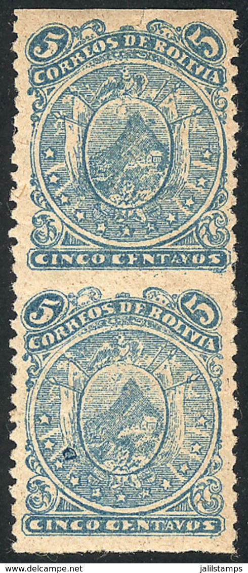 BOLIVIA: Scott 37a, 1893 5c. Coat Of Arms, Lithographed, Pair Imperforate Horizontally, Minor Defect, Good Appearance, R - Bolivië