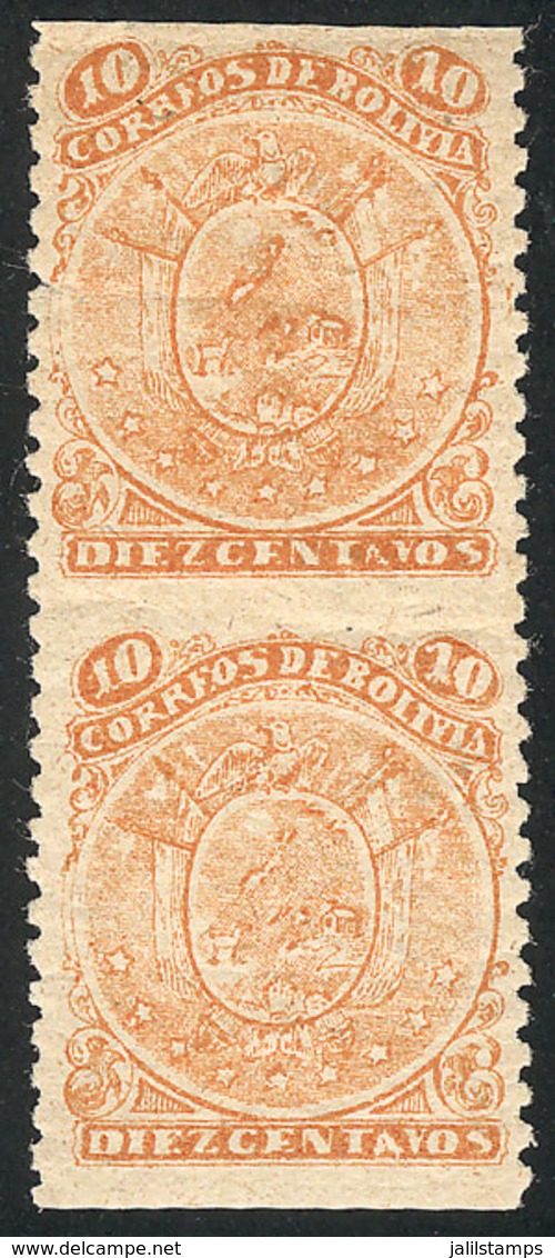 BOLIVIA: Sc.38, 1893 10c. Coat Of Arms, Lithographed, Vertical Pair IMPERFORATE Horizontally, VF Quality, Unlisted By Sc - Bolivië