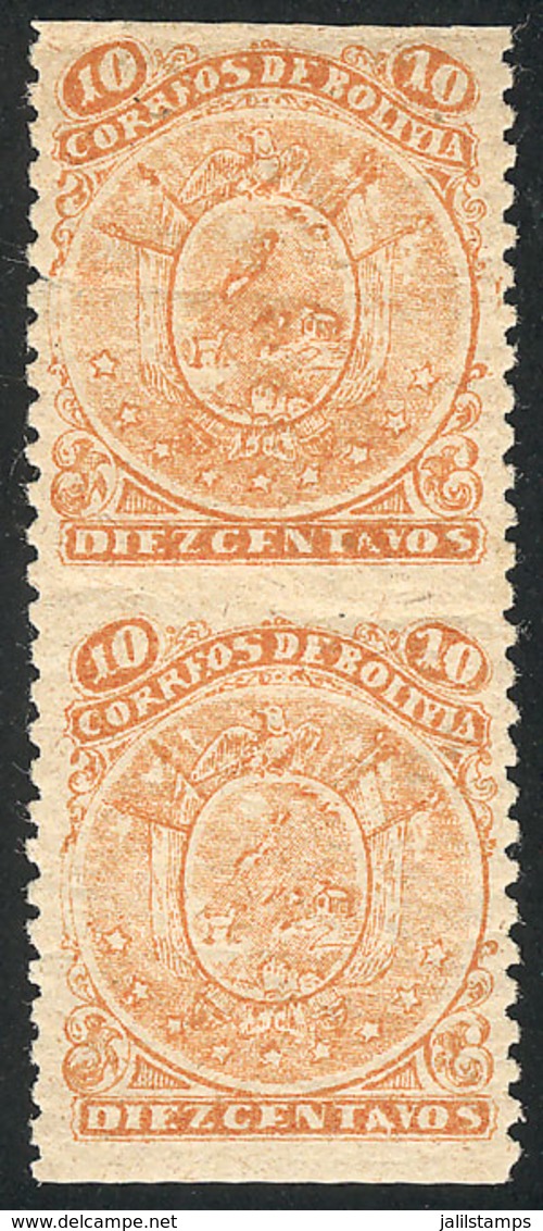 BOLIVIA: Sc.38, 1893 10c. Coat Of Arms, Lithographed, Vertical Pair IMPERFORATE Horizontally, VF Quality, Unlisted By Sc - Bolivie