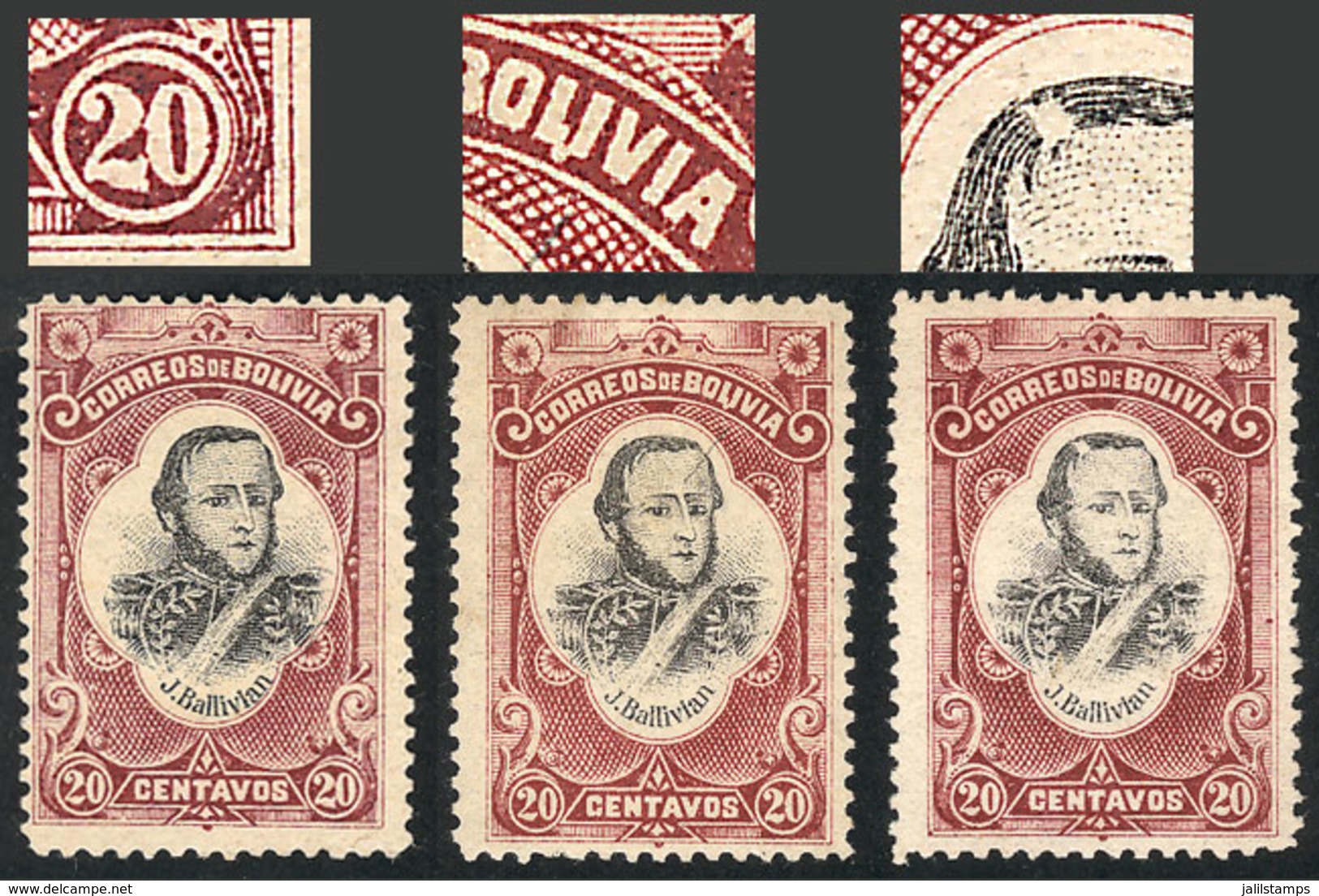 BOLIVIA: "Yvert 50, 1897 20c. Ballivian, With VARIETIES: ""right 2 Deformed"", And ""period Between The L And I Of BOLIV - Bolivie