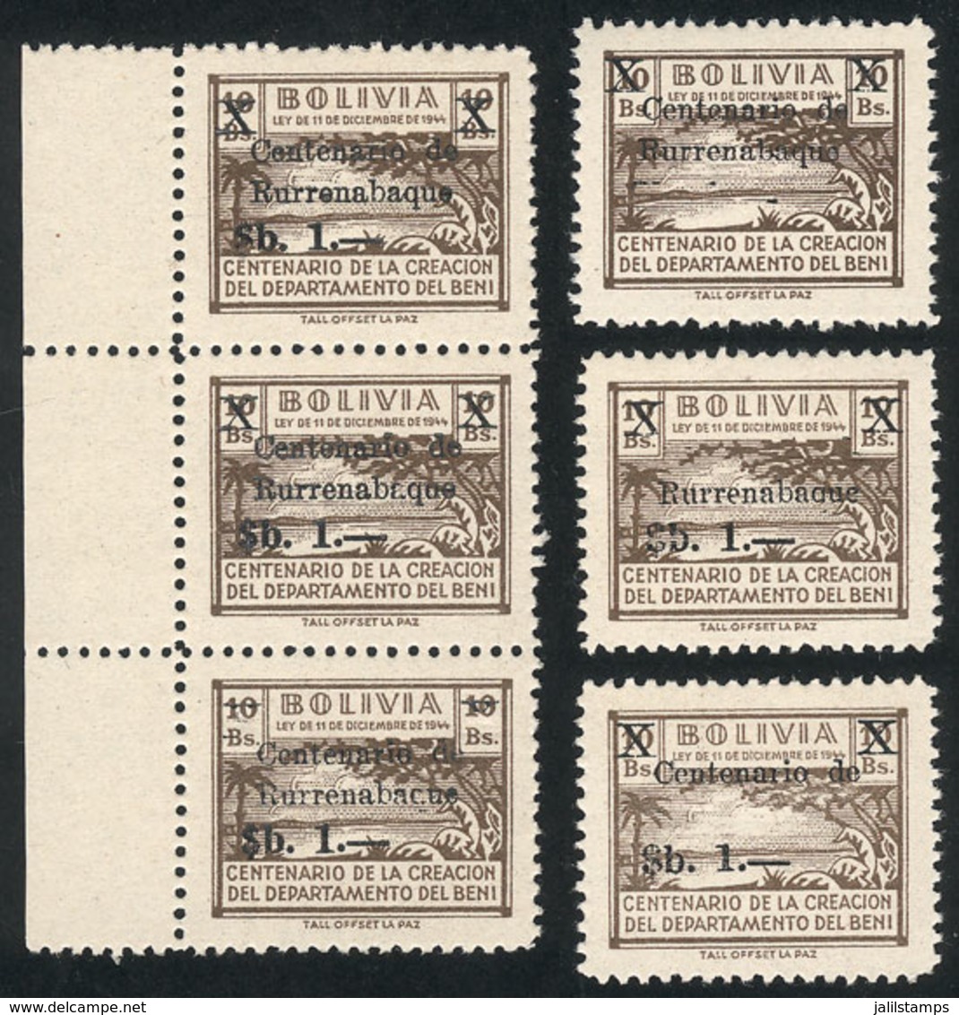 BOLIVIA: "Sc.490, Lot Of Overprint VARIETIES: ""Rurrenabaque"" Omitted, ""Centenario De"" Omitted, ""$b.1.-"" Omitted, A - Bolivië