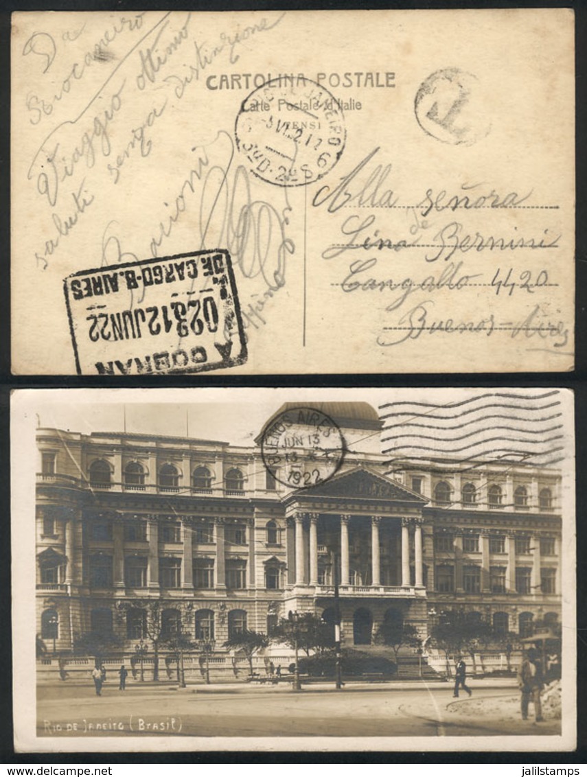 BRAZIL: PC With View Of Rio De Janeiro, Sent WITHOUT POSTAGE To Buenos Aires On 5/JUN/1922, With Postage Due Marks, VF Q - Maximumkaarten