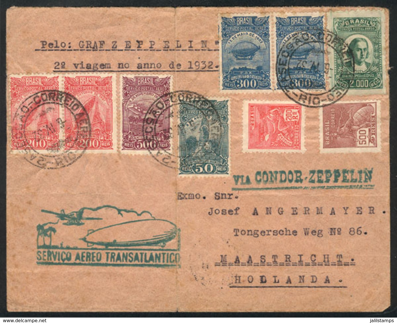 BRAZIL: Cover Flown By ZEPPELIN, Sent From Rio To Netherlands On 6/AP/1932, Good Multicolor Postage, Transit Backstamp O - Maximumkaarten