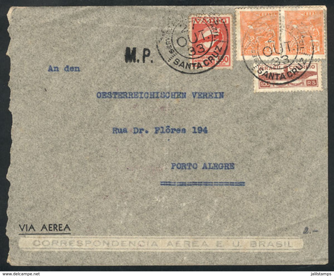 BRAZIL: Airmail Cover Sent From Santa Cruz To Porto Alegre On 27/AU/1933, VF Quality! - Maximum Cards