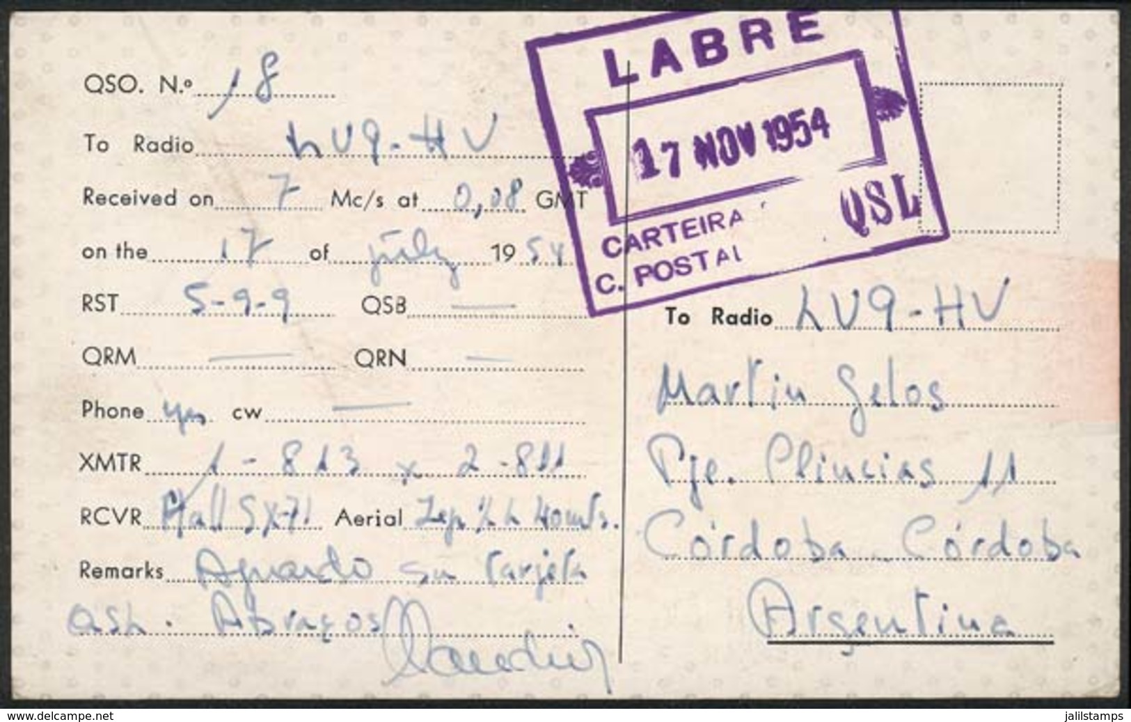 BRAZIL: QSL Card Sent From Rio To Argentina On 17/NO/1954, Stampless, With Special Violet Mark, VF Quality! - Maximumkaarten