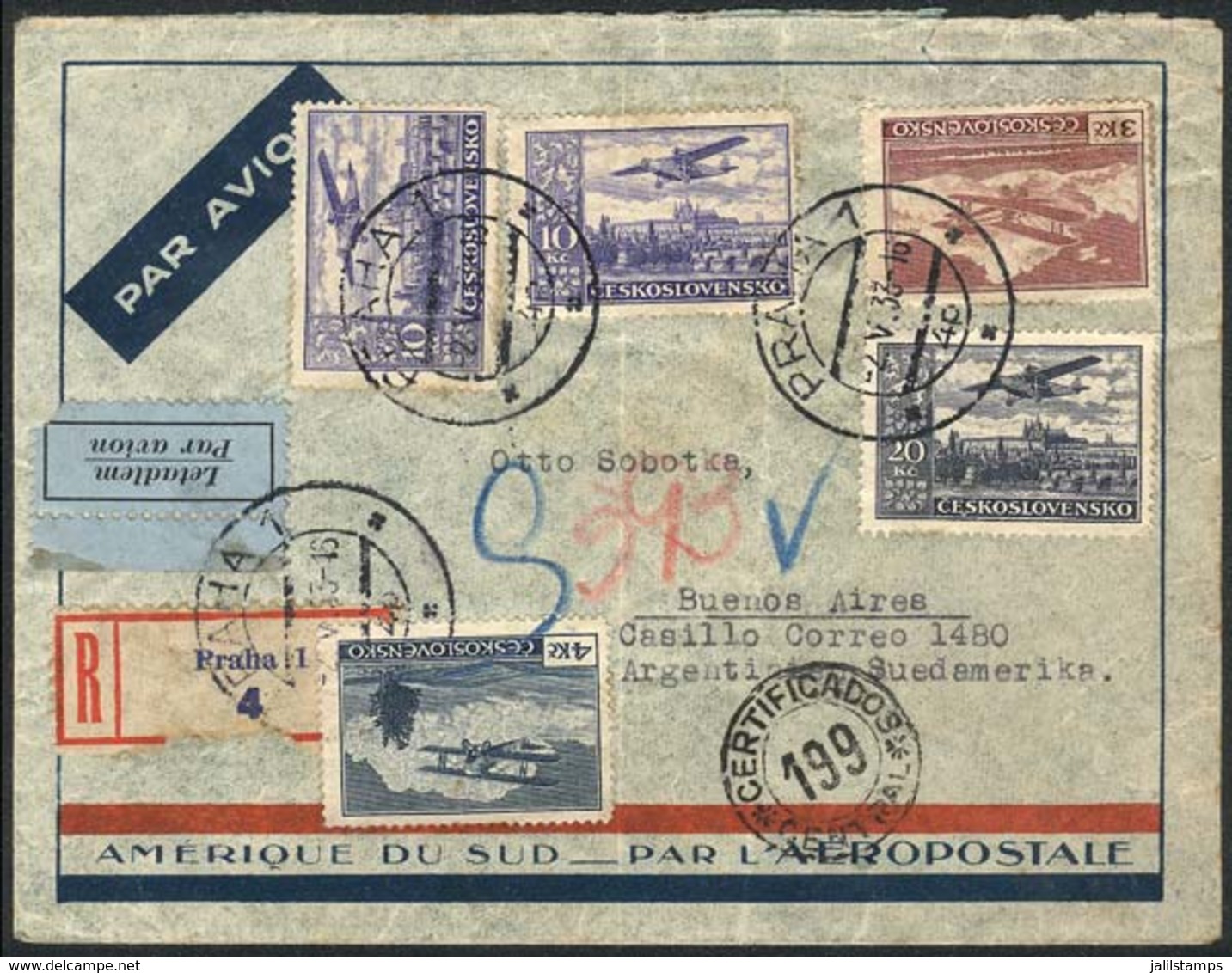 CZECHOSLOVAKIA: Registered Airmail Cover Sent From Praha To Argentina On 2/MAY/1933 Franked With 47k., VF And Fantastic! - Brieven En Documenten