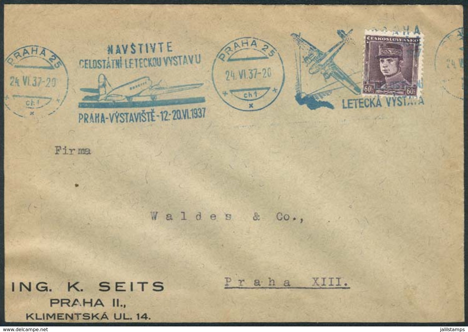 CZECHOSLOVAKIA: Cover Posted On 24/JUN/1937 With Nice Postmark With Slogan Topic AVIATION, VF Quality! - Covers & Documents