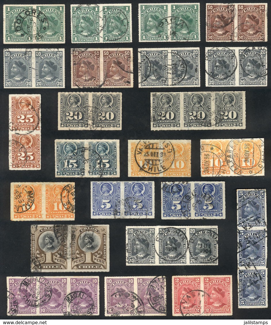 CHILE: 23 Pairs Or Strips Of Old Stamps, Used, With Some Interesting Cancels, VF Quality! - Chile