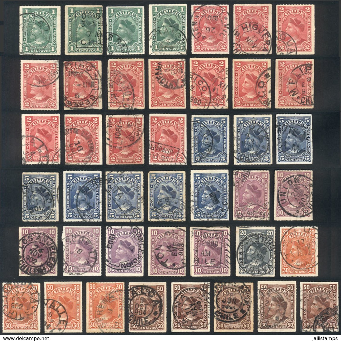 CHILE: 44 Used Stamps (issue Of  1900/1), All With Legible Cancels, Some Very Interesting! - Chile