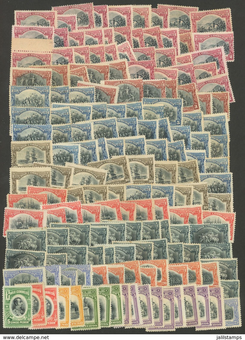 CHILE: Centenary Of Independence, Lot Of Unused Stamps (hundreds!!) Up To The 5P. Value, Large Number Of Examples Of Alm - Chile