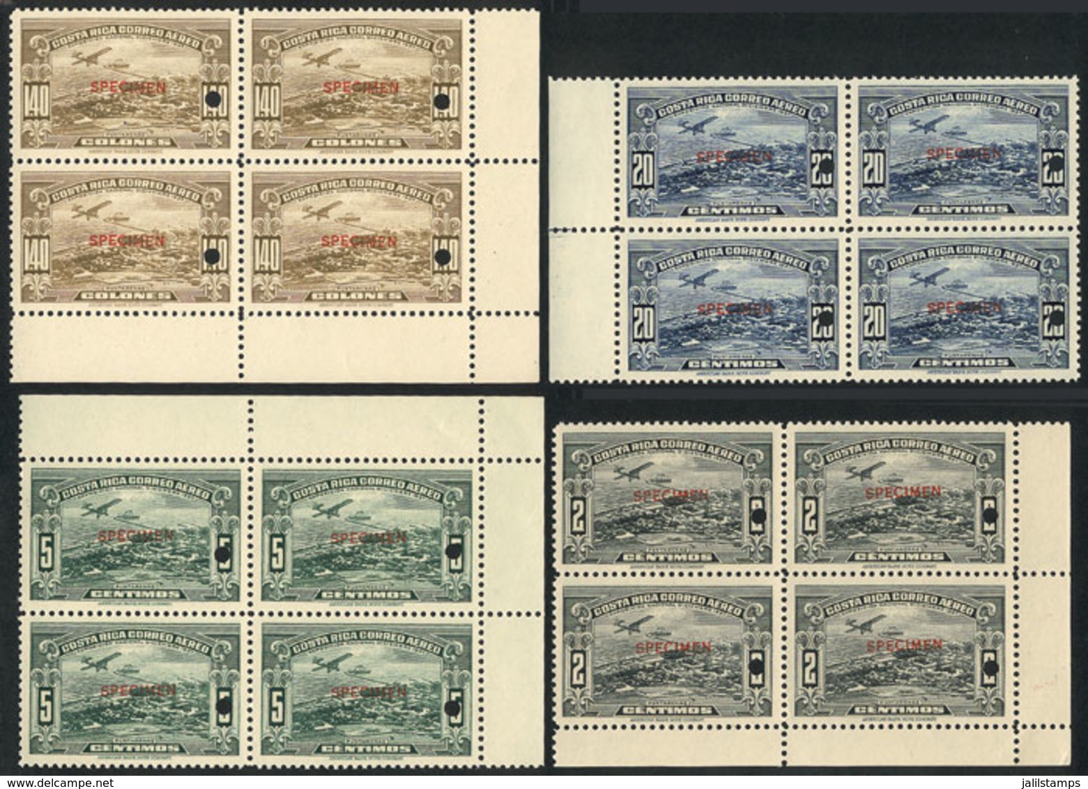 COSTA RICA: Sc.C31/38, 1937 Puntarenas Expo (airplane, Ship), Compl. Set Of 4 Values In Blocks Of 4 With SPECIMEN Overpr - Costa Rica