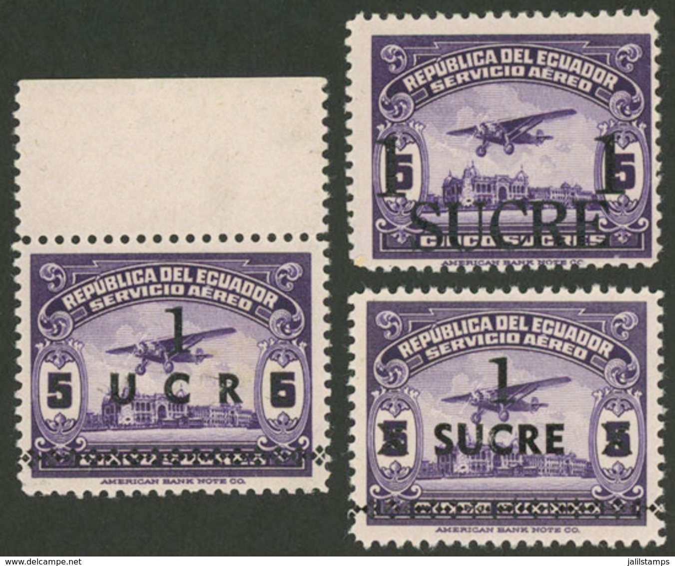 ECUADOR: Sc.279, 1955 1S. On 5S. Violet, 3 Examples With 2 Different Overprints, MNH, Excellent Quality! - Equateur