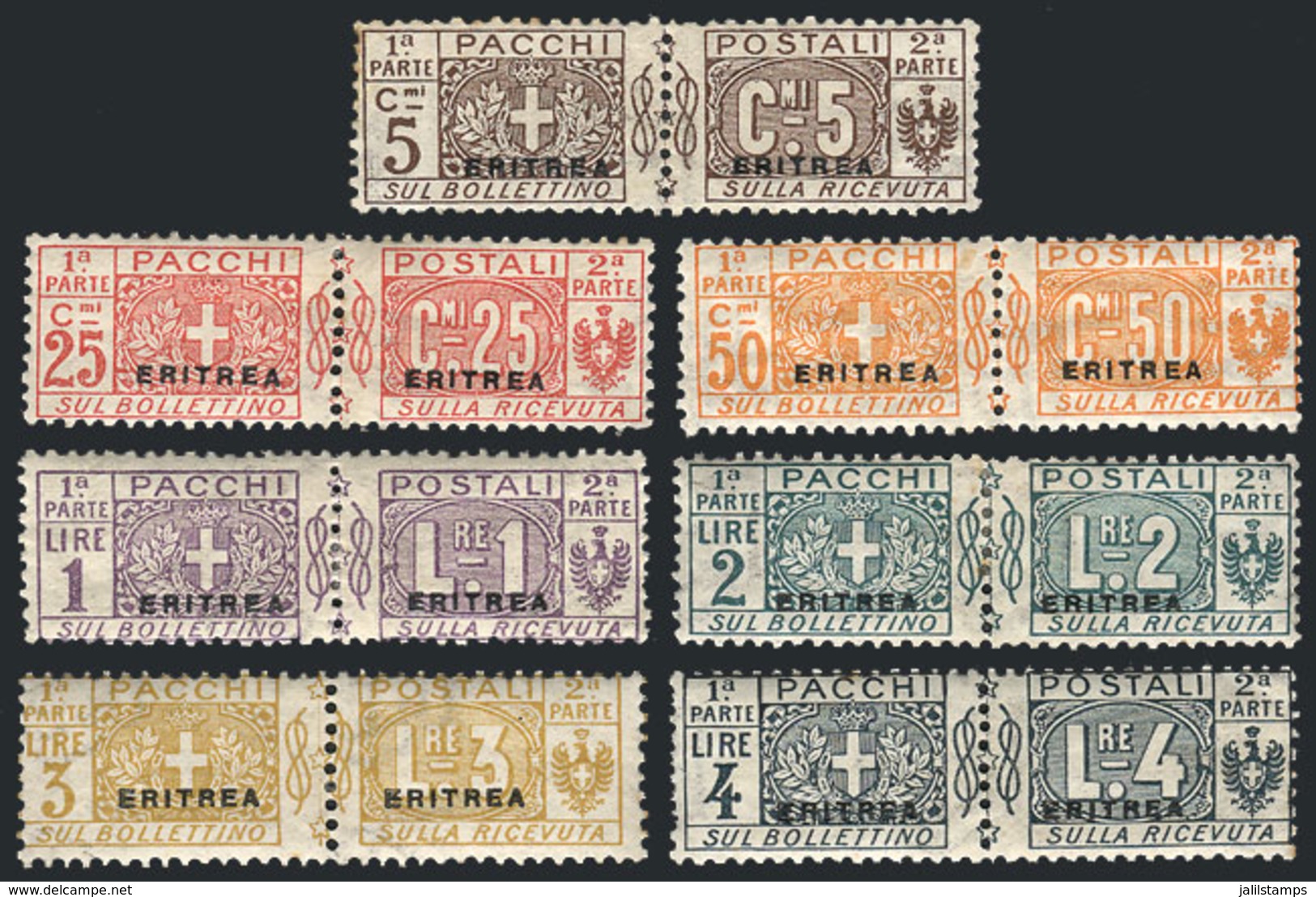 ERITREA: Sc.Q1 + Q3/Q8, 1916 7 Values Of The Set Of 8 (only Missing The 10c., Sc.Q2), Mint Very Lightly Hinged, Most Of  - Eritrea