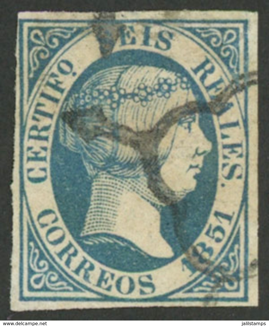 SPAIN: Yvert 10, 1851 6R. Blue, Used, Small Thin On Back, Very Nice Front, Catalog Value Euros 1,100. - Neufs