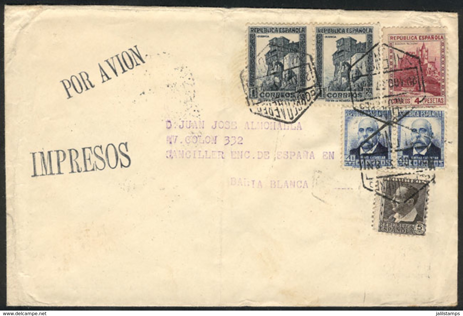 SPAIN: Airmail Cover With Printed Matter Sent From Valencia To Argentina On 20/AU/1937, Nice Postage Of 6.85Pts., VF Qua - Brieven En Documenten