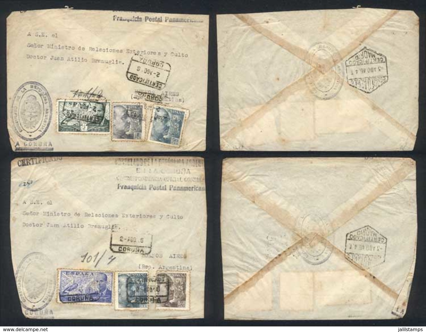 SPAIN: 12 Registered Air Mail Covers Sent To Argentina In 1946 With Pan American Postal Franchise, Very Interesting! - Brieven En Documenten