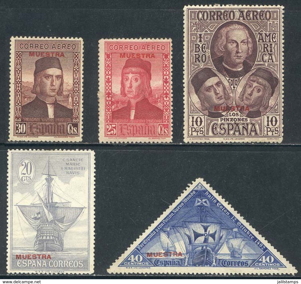 SPAIN: 5 Stamps With MUESTRA Overprint, Fine General Quality, The 20c. Stamp Without Gum And The Triangular 40c. Without - Verzamelingen